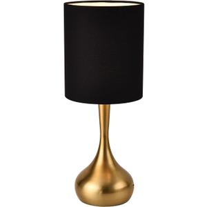 KUNJOULAM Modern Table Lamp, 17.3" Small Desk Light with Brass Metal Droplet Base, Black Cylinder Linen Drum Shade, Nightstand Lamp for Bedroom Living Room Nightstand Office