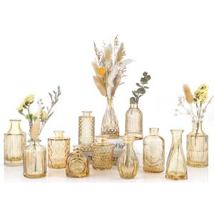 UPBUD Amber Glass Bud Vases Set of 12, Gold Mini Flower Vase for Centerpieces, Small Vases in Bulk for Wedding Decorations, Vintage Vase for Table, Recepetion, Home Decor