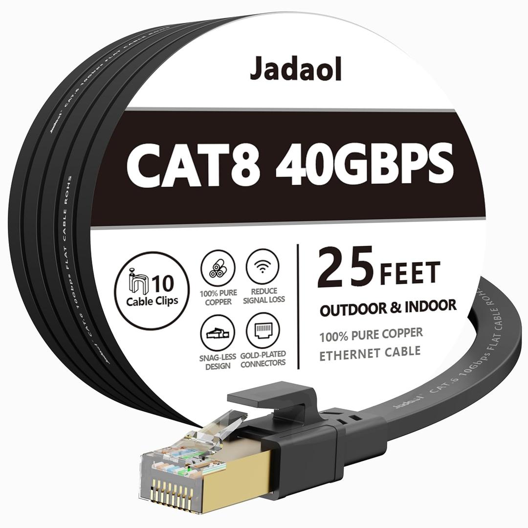 Jadaol Cat 8 Ethernet Cable 25 ft, 40Gbps 2000MHz Flat RJ45 S/FTP LAN Patch Cable, High-Speed Cat8 Network Cable for Router, Modem, Switch, Gaming Consoles, PC, Home Network & Streaming Devices, Black