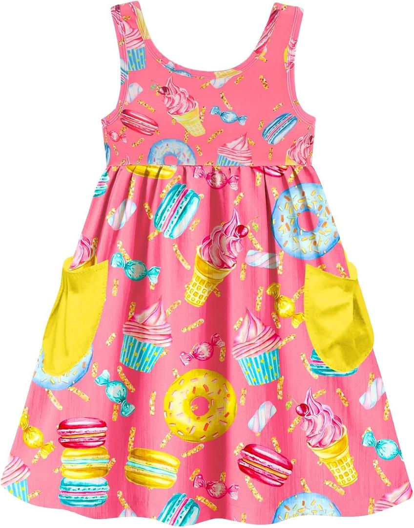 Vieille Little Girls Sleeveless Dress Cute Summer Sundress with Pocket 2-7 Years (3-4T, Donut)
