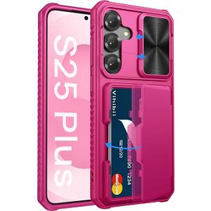 SSLOTSCASE for Samsung Galaxy S25 Ultra Case with Card Holder & Kickstand & Slide Camera Lens Cover, Silicone Edge Protection Rugged Heavy Duty Phone Case Cover for Galaxy S25 Ultra 5G 2025, Pink