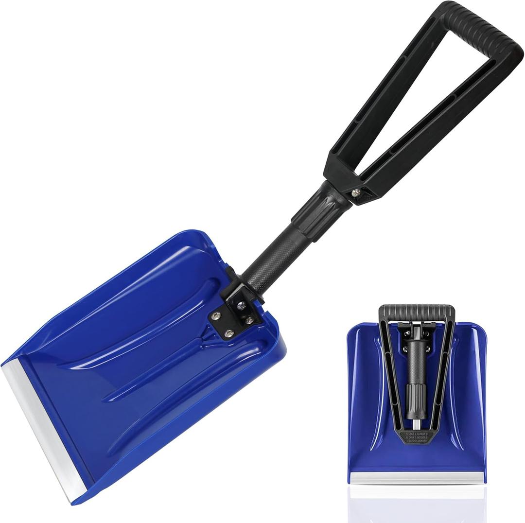 ORIENTOOLS Folding Snow Shovel with D-Grip Handle and Durable Aluminum Edge Blade, Emergency Snow Shovel for Car, Truck, Recreational Vehicle (Blade 9")