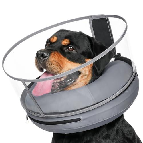 BARKLESS Donut Cone for Large Dogs, Protective Collar After Surgery to Stop Licking, Patented Blow up Dog Surgery Collar with Transparent Shield, Inflatable Pillow Cone for Labrador, Rottweiler
