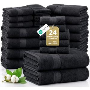 LANE LINEN Bathroom Towels Sets - 24 PCs - 100% Cotton Towels - Absorbent & Quick Drying - 4 Bath, 4 Fingertip, 6 Hand Towel, 8 Washcloth, 2 Bath Sheet - Housewarming Essentials - Black Towels