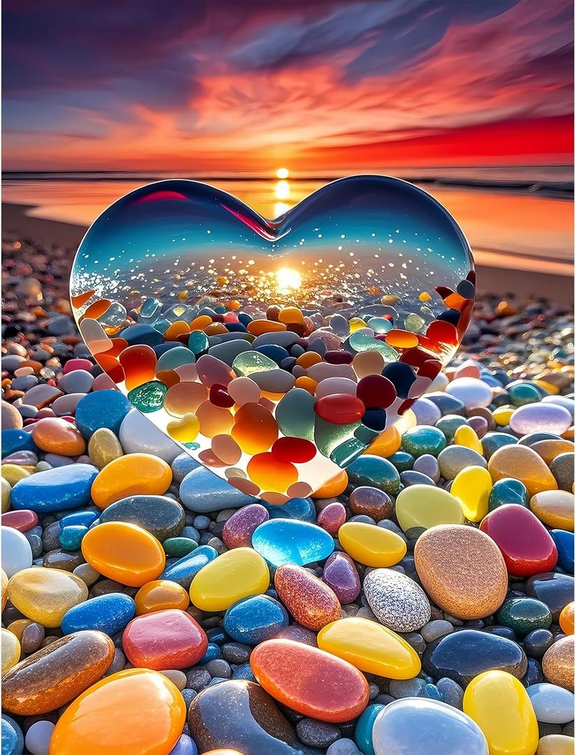 500 Piece Jigsaw Puzzle for Adults Heart-Shaped Sunset Beach Pebbles Colorful Stones Scenic Ocean View Puzzle Challenging 500pc Art Puzzle for Adults & Families (20x15 Inches)