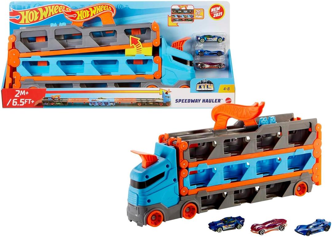Hot Wheels - Speedway Hauler Storage Carrier with 3 1:64 Scale Cars & Convertible 6-Foot Drag Race Track for Kids 4 to 8 Years Old, Stores 20+ Cars & Connects to Other Playsets, HGH33