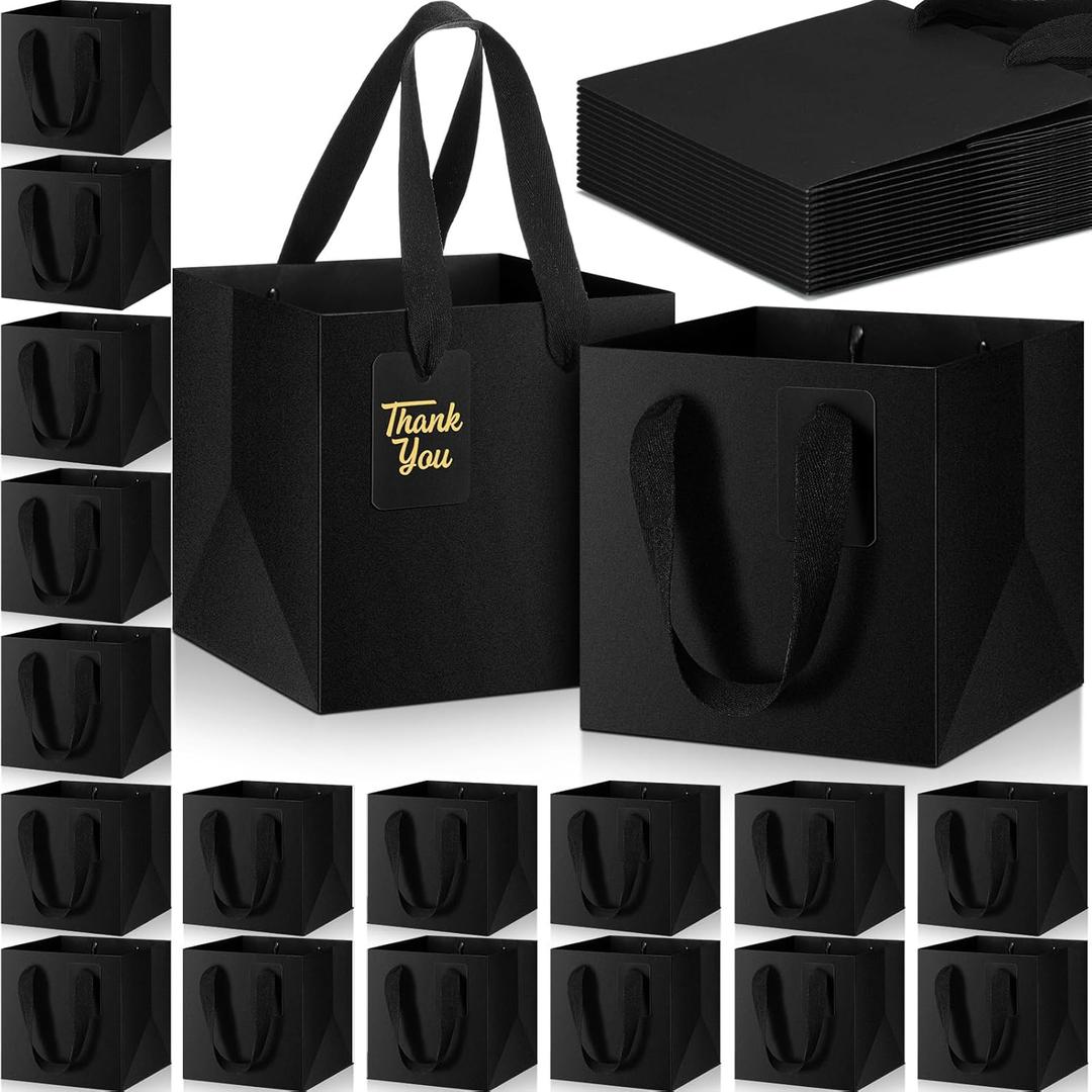 Windyun 50 Pcs Mini Paper Gift Bags with Handle 6 x 6 x 6'' Square Small Favor Bag with DIY Thank You Tag for Christmas Birthday Wedding Bridal Shower Bridesmaid Graduation Party (Black) (1 count (Pack of 50))