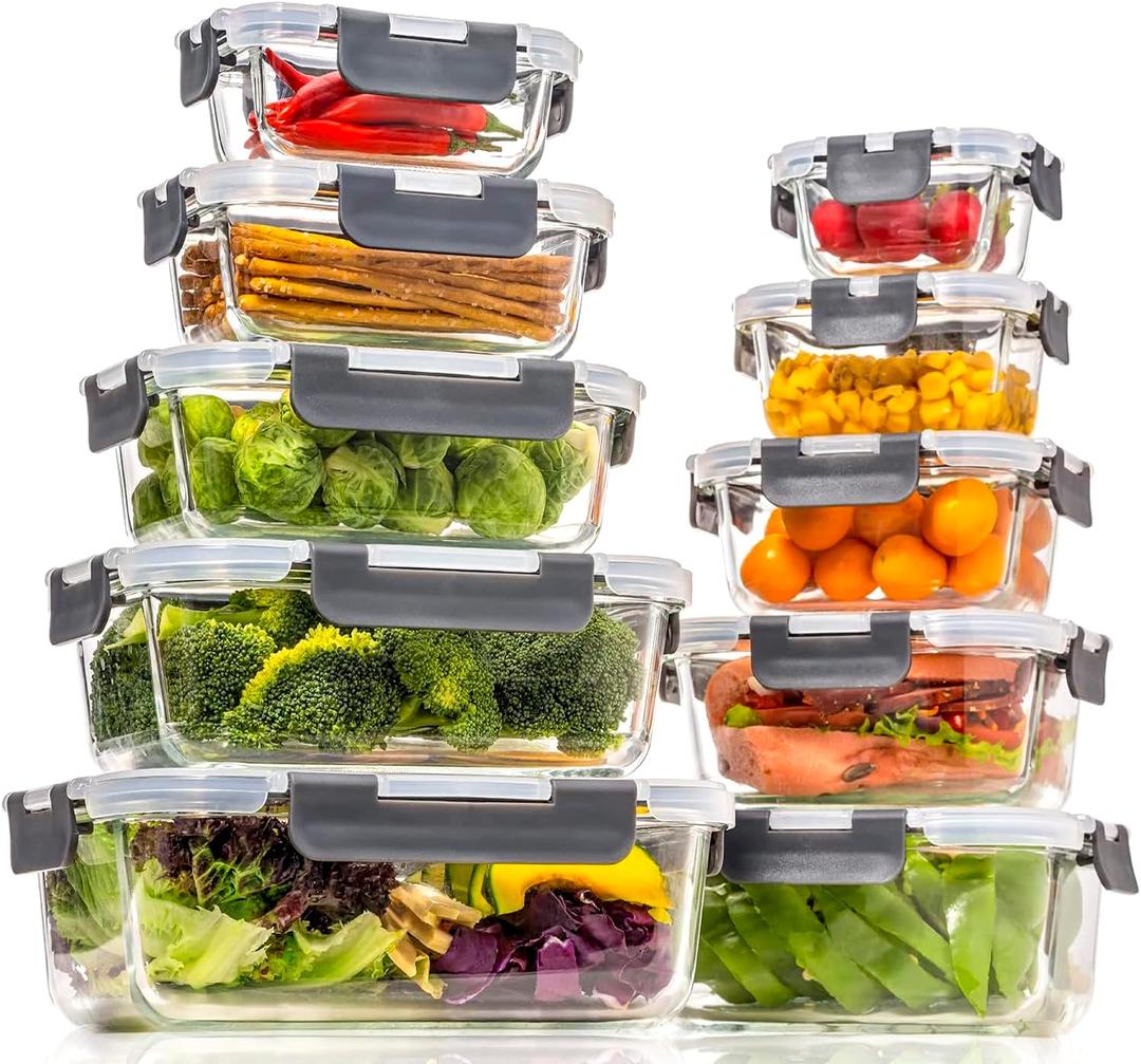 coccot Glass Food Storage Containers with Lids Airtight, Glass Meal Prep Containers for Lunch Food, Container Set, Easy to Open& Close/Microwave,Oven,Freezer,Dishwasher Safe/Leak-Proof20 Pieces (clear)