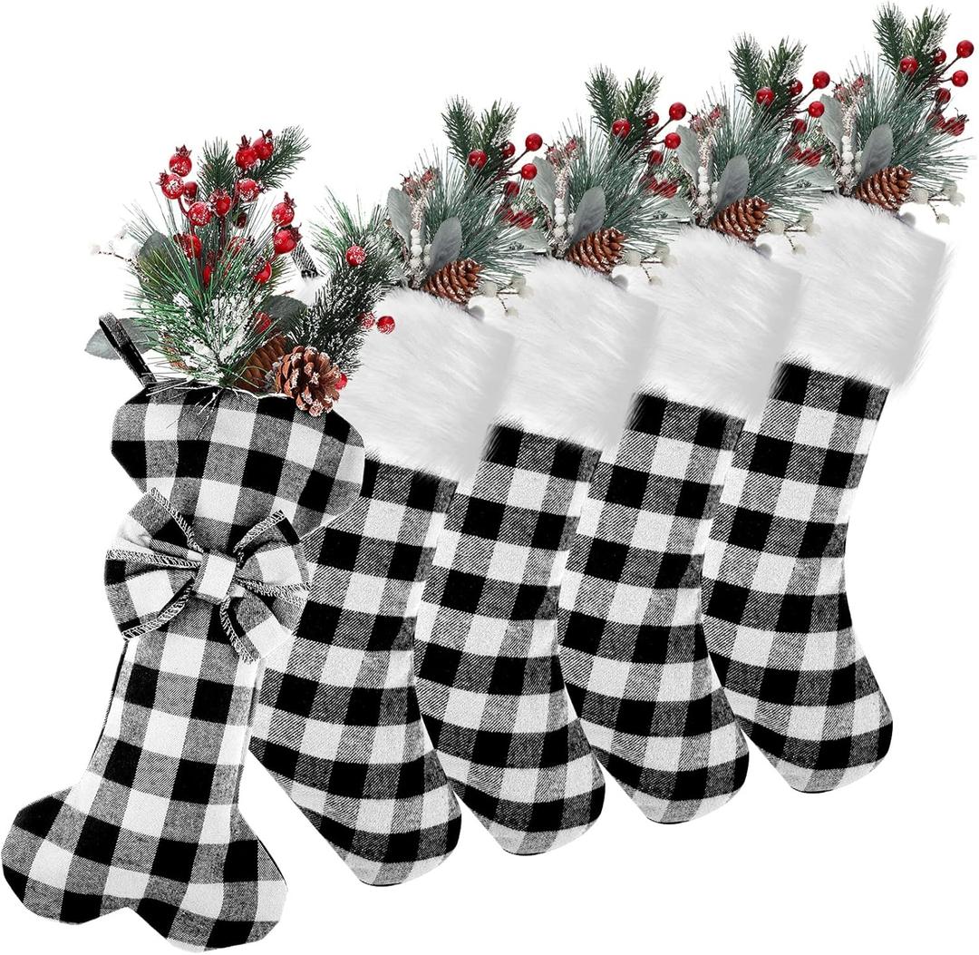 BBTO 5 Pcs Plaid Christmas Stockings, 18 Inch Buffalo-Plaid Xmas Stockings Large Bone Shape Christmas Decor Fireplace Hanging Decoration for Xmas Family (White Black Buffalo Plaid)