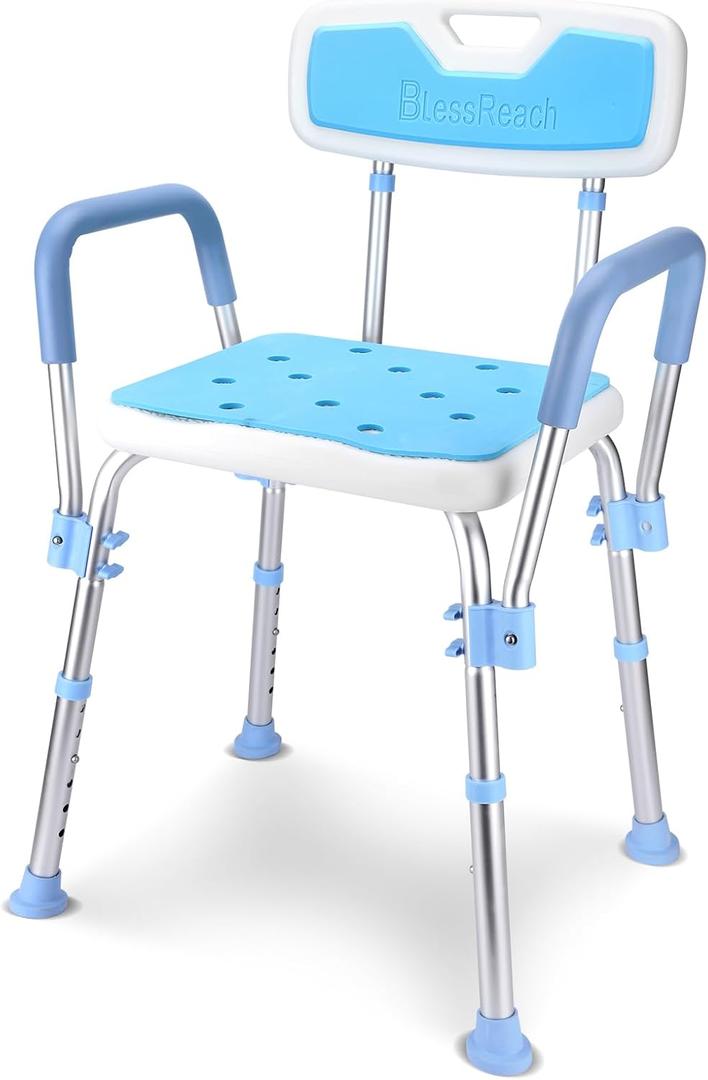 BlessReach Easily Assembled Portable Shower Chair Seat, Adjustable Shower Bench with Arms, Shower Lift Chair with Storage Bags.