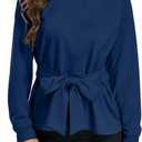 Women's Long Sleeves Shirt Tops Crew Neck Tie Knot Sweatshirt Tops Casual Fall Loose Fit Cropped Top Pullover (Blue, L)