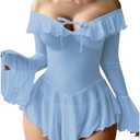 OYOANGLE Women's 2 Piece Off Shoulder Long Sleeve Ruffle Mesh Sheer Nightgowns with Thongs Babydoll Lingerie Set, Size Large