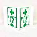 9" Width x 6" Height x 4" Depth Acrylic, Green on White Standard FIRST AID "V" Sign