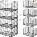 4-Tier Stackable Closet Organizers and Storage Basket - Foldable Closet Shelf Organizer System, Sturdy Metal Space-Saving Clothes Storage Bins for Wardrobe, Black