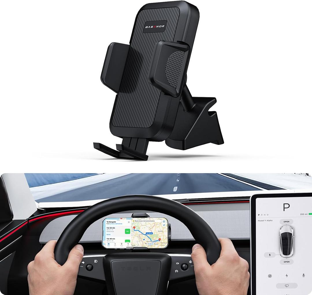 BASENOR Phone Mount for 2025 2026 Tesla Model Y Juniper/Model 3 Highland, Dashboard Phone Holder Does Not Block View [No Adhesive][Dual Arms][360 Adjustable] Tesla Accessories Fit All Smartphone