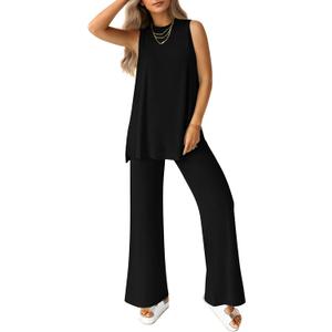 PRETTYGARDEN Women's 2 Piece Lounge Set 2025 Summer Casual Loose Tank Top Wide Leg Pants Matching Travel Outfits Tracksuit (X-Large, Black)