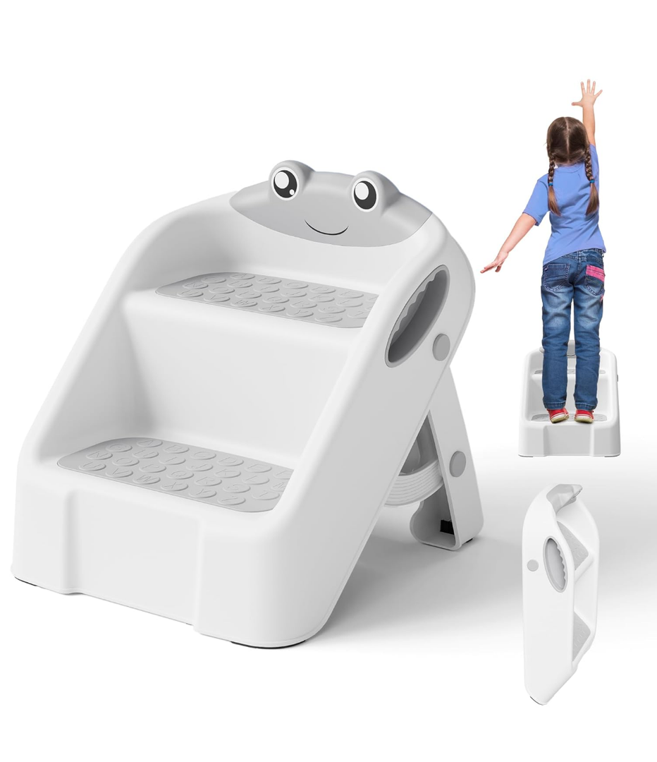 Toddler Step Stool, Easy to Fold Step Stools for Toddlers with Non-Slip Surface & Alphabet Patterns, Lightweight & Cute Kids Step Stool for Potty Training, Bathroom Sink, and Bedroom, Gray