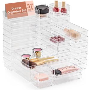 SMARTAKE 37-Piece Drawer Organizer with Non-Slip Silicone Pads, 4-Size Desk Drawer Organizer Trays Storage Tray for Makeup, Jewelries, Utensils in Bedroom Dresser, Office and Kitchen (Clear)