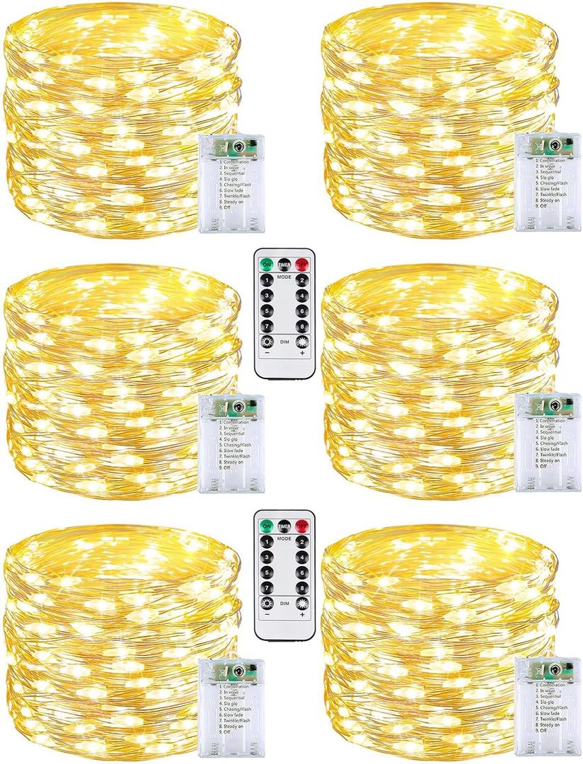 6 Pack 60LED Christmas Battery Operated Fairy Lights with Remote, 8 Modes String Lights with Timer, Dimmable, Memory Function, Waterproof Twinkle Lights for Outdoor Indoor Christmas Decor(Warm White)
