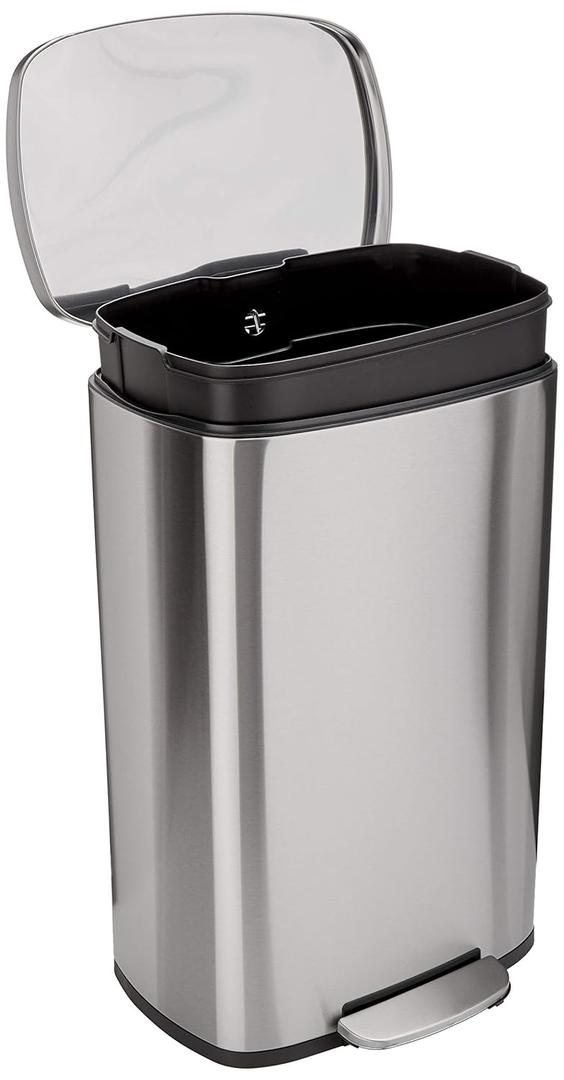 Amazon Basics Smudge Resistant Rectangular Trash Can With Soft-Close Foot Pedal, Brushed Stainless Steel, 50L/13.2 Gal, 16.7x14.7x25.9 in, Satin Nickel Finish