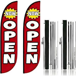 Feather Flag Pole Kit 15ft Tall 2 Pack with 12ft Tall Now Open Flags Feather Banner Advertising Open Flags for Business Grand Opening Signs Fiberglass Swooper Flag Poles with Heavy Duty Ground Spikes