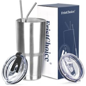 30 oz Tumbler with Lids and Straws Double Wall Insulated Tumbler Cup,Stainless Steel Leak-proof Thermal Coffee Tumbler Powder Coated Travel Mug for Cold and Hot Beverages,Silver