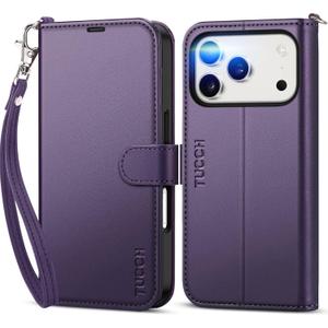 TUCCH Case Wallet for iPhone 17 Pro (6.3") 2025, Wrist Strap, Stand, RFID Blocking, 4 Card Holder, TPU Shockproof Shell, PU Leather, Magnetic Closure Folio Protective Cover, Deep Purple