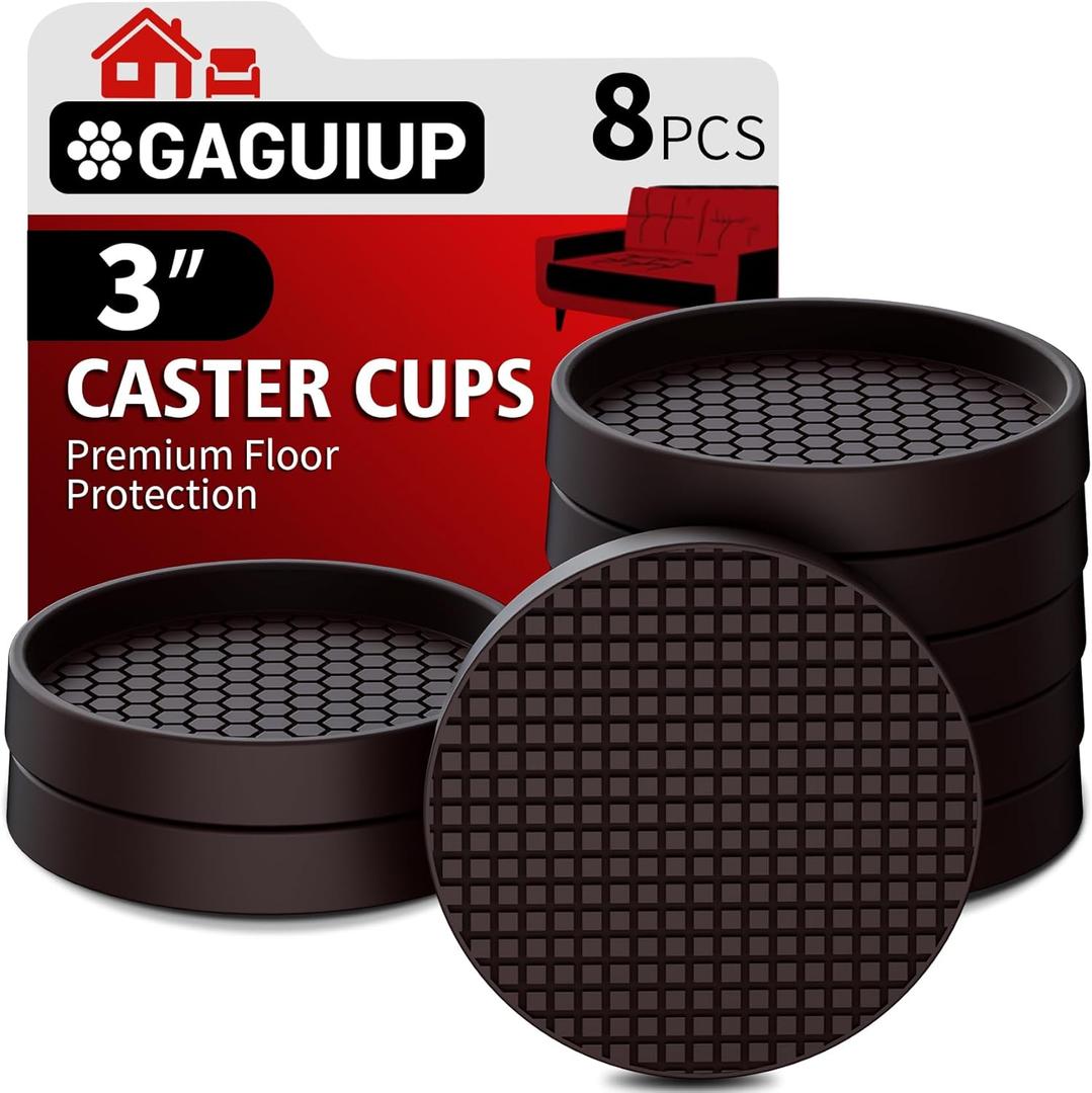 Non Slip Furniture Pads- 3"x3" Round Anti Skid Caster Cups Furniture Coasters, Anti-Sliding Grippers Floor Protectors for Furniture Bed, Couch, Chair Leg, Brown(Set of 8)