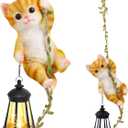 Solar Hanging Cat Statue, Outdoor Resin Orange Cat Figurine with LED Lights, Ginger Kitty Animal Ornament for Garden, Fence, Porch, Patio, Yard Decor, Dusk to Dawn Auto On/Off