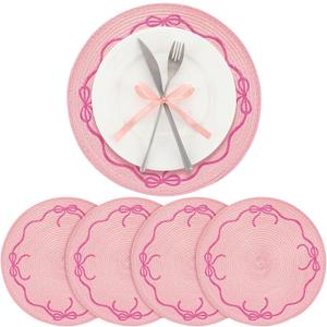 4 Pcs Pink Bow Braided Placemats Round Embroidered Coquette Ruffle Table Mats for Wedding Bridal Shower Mother's Day Spring Dining Table Decor