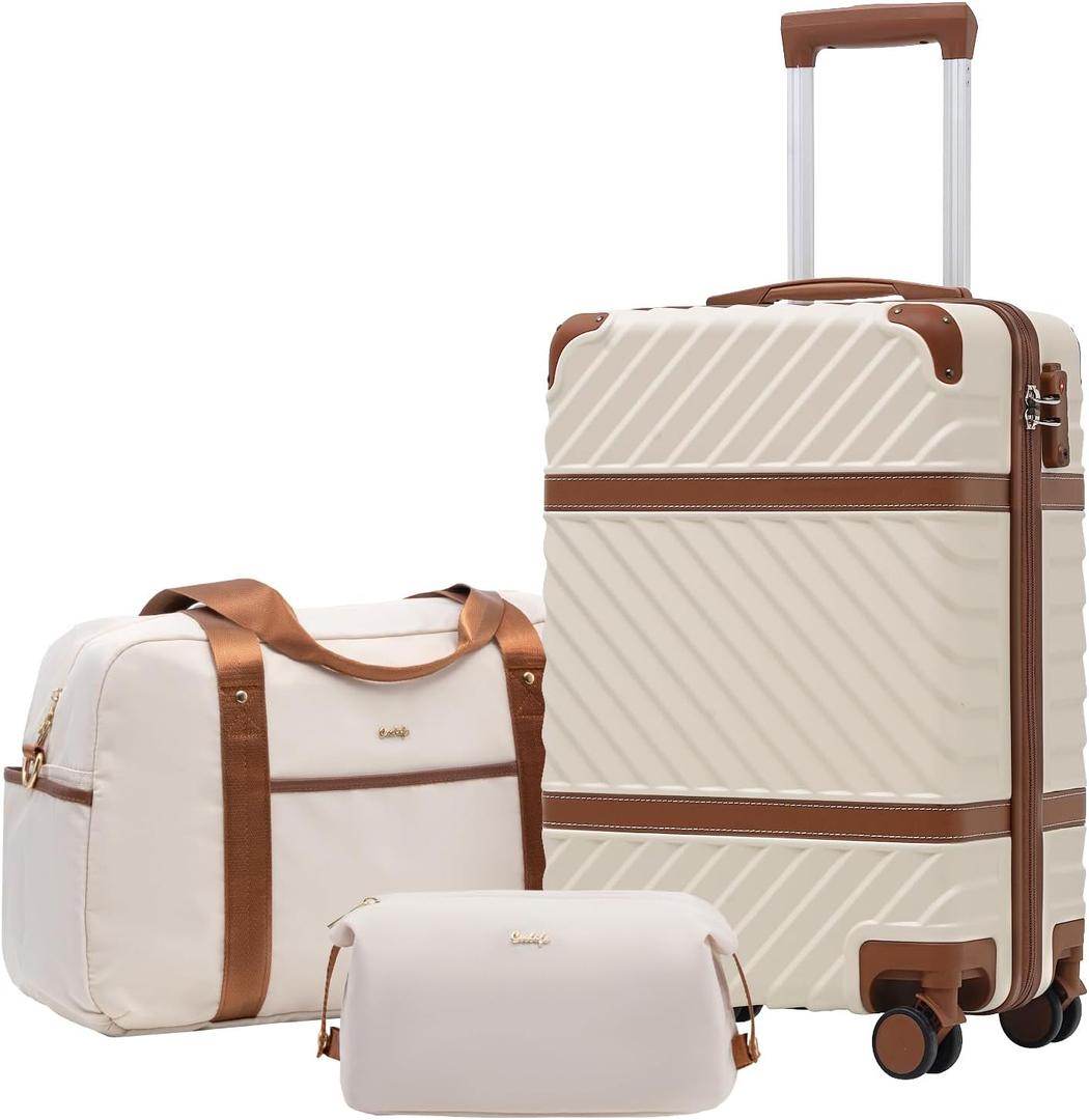 Coolife Luggage Set Suitcase Carry On Luggage PC Hardshell Luggage TSA Lock Spinner Wheels Telescopic Handle (3 piece set (DB/TB/20), White)