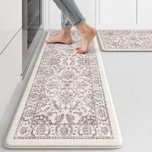 KIMODE Comfort Kitchen Floor Mats Cushioned Anti Fatigue,Boho Vintage Floral Kitchen Rugs Sets of 2,Ergonomic Memory Foam Carpet Non Slip for Sink Laundry Office,Purple Grey 17"x29.5"+17" x47
