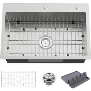 Kitchen And Bar Sink, 27x18 Inch Stainless Steel Drop In Modern Single Bowl Topmount Kitchen And Bar Sink Combo-SS Grid,Spoon Rest,Drain Strainer Set Compatibility With Various Kitchen&Bar Style, 27x18x9 inches