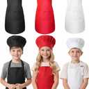 CHENGU 3 Set Kids Apron and Chef Hat Set Children Apron Adjustable with 2 Pockets for Toddler Cooking Baking Painting Art Boys Girls Kitchen, White, Red, Black, Large, 6-12 Years(Large,Color 1)
