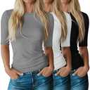 Riyiper 3 Pack Women's Half Sleeve Tops Crewneck 1/2 Sleeve T Shirts Elbow Length Tops Slim Fit Cotton Blend Basic Tees(Black, White, Light Gray,M)