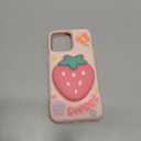 Cute 3D Strawberry Pop-Up Stand and Grip Phone Case for iPhone 15 Pro Max, Kawaii Girly Silicone Fruit Cover for Girls and Women, Pink