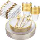 Morejoy 175PCS Pearl White and Gold Plastic Plates - Disposable Gold Party Plates & Pre Rolled Napkins with Cutlery for 25 Guests, 50Plates, 75Silverware, 25Cups, 25Napkin for Party & Thanksgiving