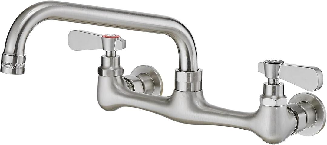 Homevacious Wall Mount Kitchen Faucet 8" Center Commercial Faucet Brushed Nickel Two Handle Utility Sink Faucets 8 Inches 360 Degree Swivel Spout Brass Industrial Mixer Tap for Laundry Room Restaurant