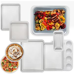 Nonstick Bakeware Set 10 Pcs, Professional Kitchen Bicolor Baking Pans Set with Cookie Sheets, Muffin Pan, Loaf Pan, Cake Pan and Cooling Rack, Dishwasher Safe, 0.8mm Thick Heavy Duty (White)