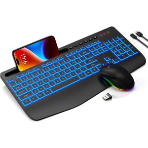 Wireless Keyboard and Mouse Combo- 7-Color Backlit, Wrist Rest, Rechargeable, Silent Light-Up Keys, RGB Mouse, Ergonomic Full Size Keyboard with Phone Holder for Windows, Mac, PC, Laptop - Trueque (Black)