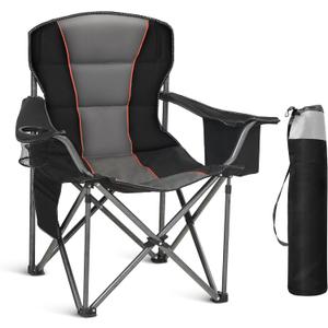 Oversized Portable Camping Folding Chair, Heavy Duty Foldable Outdoor Chair, Camp Chair with Cup Holder and Cooler Bag Support 450 LBS, Black (Single Pack)