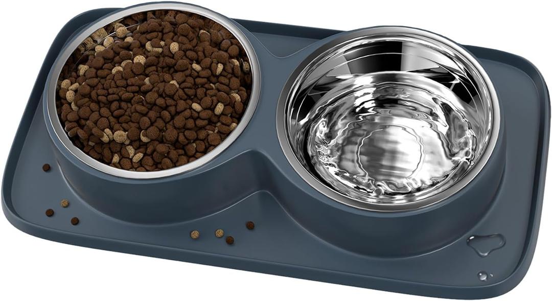 Dog Food Bowl with Mat Double No Spill No Mess Stainless Steel Dog Bowls Easy to Clean Non-Skid Design, Perfect for Medium Breeds, Blue