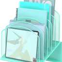 Inclined Desk File Organizer, 5-Section Vertical File Folder Holder Stand Metal Rack File Sorter for Office Classroom Desktop Organization (1Pack, Aqua)