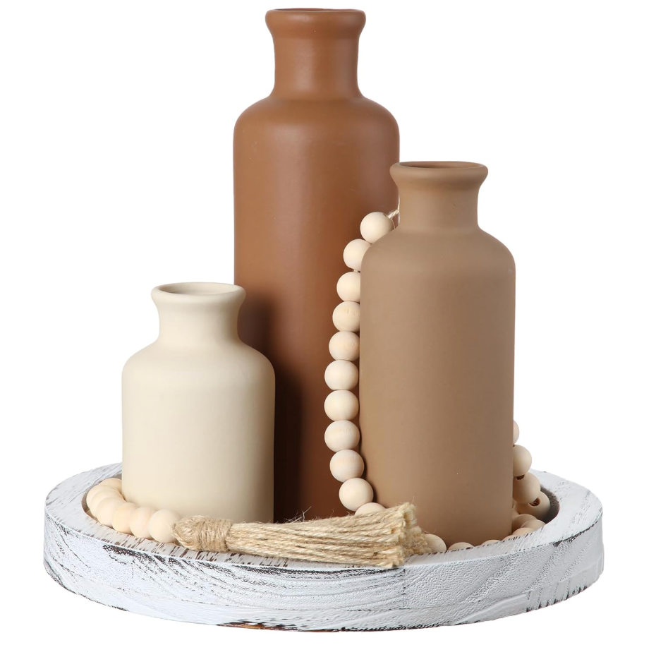 5 Pcs Rustic Country Tabletop Centerpieces Decor Set of 3 Boho Ceramic Vases with Wooden Serving Tray Wood Bead Garland Tassels Table Holder for Home Decorations (Brown)