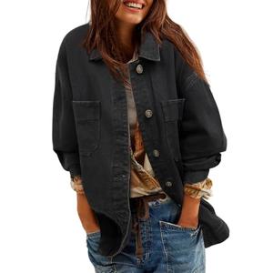Sidefeel Women's Jean Jacket Oversized Boyfriend Button Up Long Sleeve Denim Jackets Black Medium