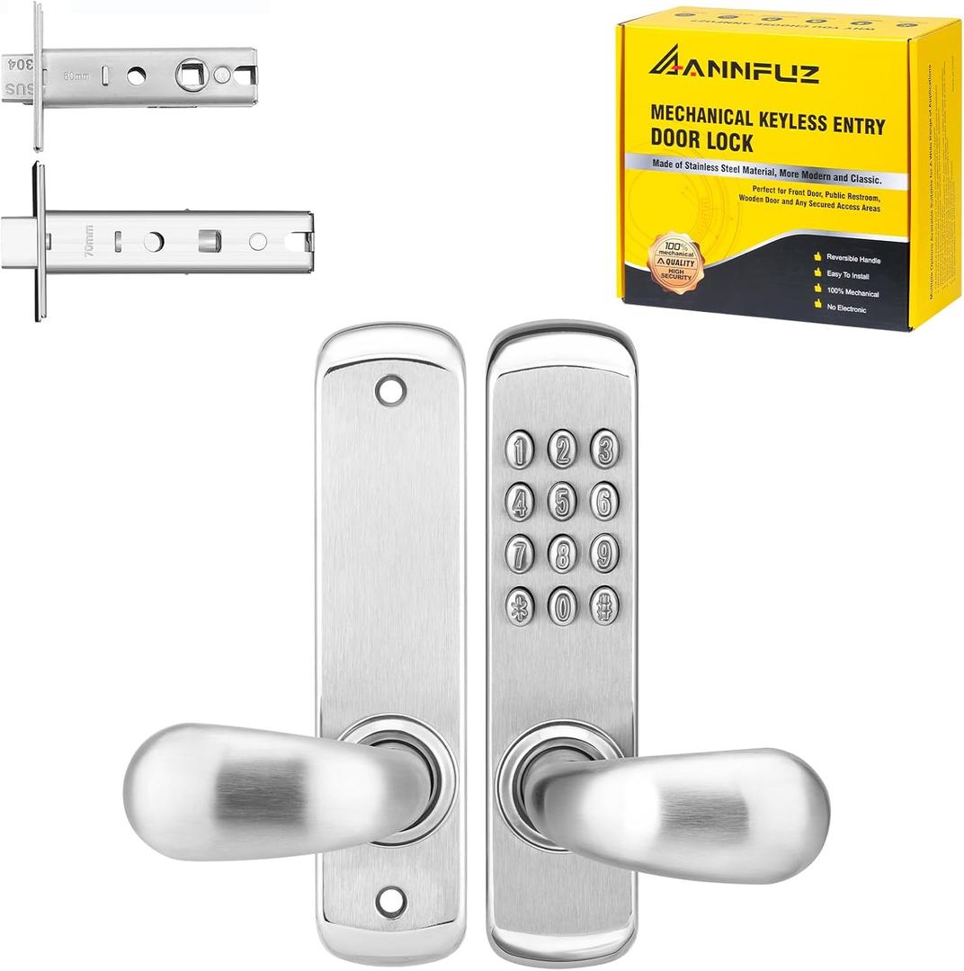 Stainless Steel Mechanical Digit Keypad Handle Door Lock,Commercial Keyless Push Button Code Door Lever,Single-Sided Combination &Interior Non-Locking,Exterior Auto-Lock,Outdoor Entry Gate