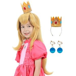 Kids Girls Blonde Princess Cosplay Wig with Crown and Earrings Long Golden Wavy Costume Wigs Accessories for Halloween Party