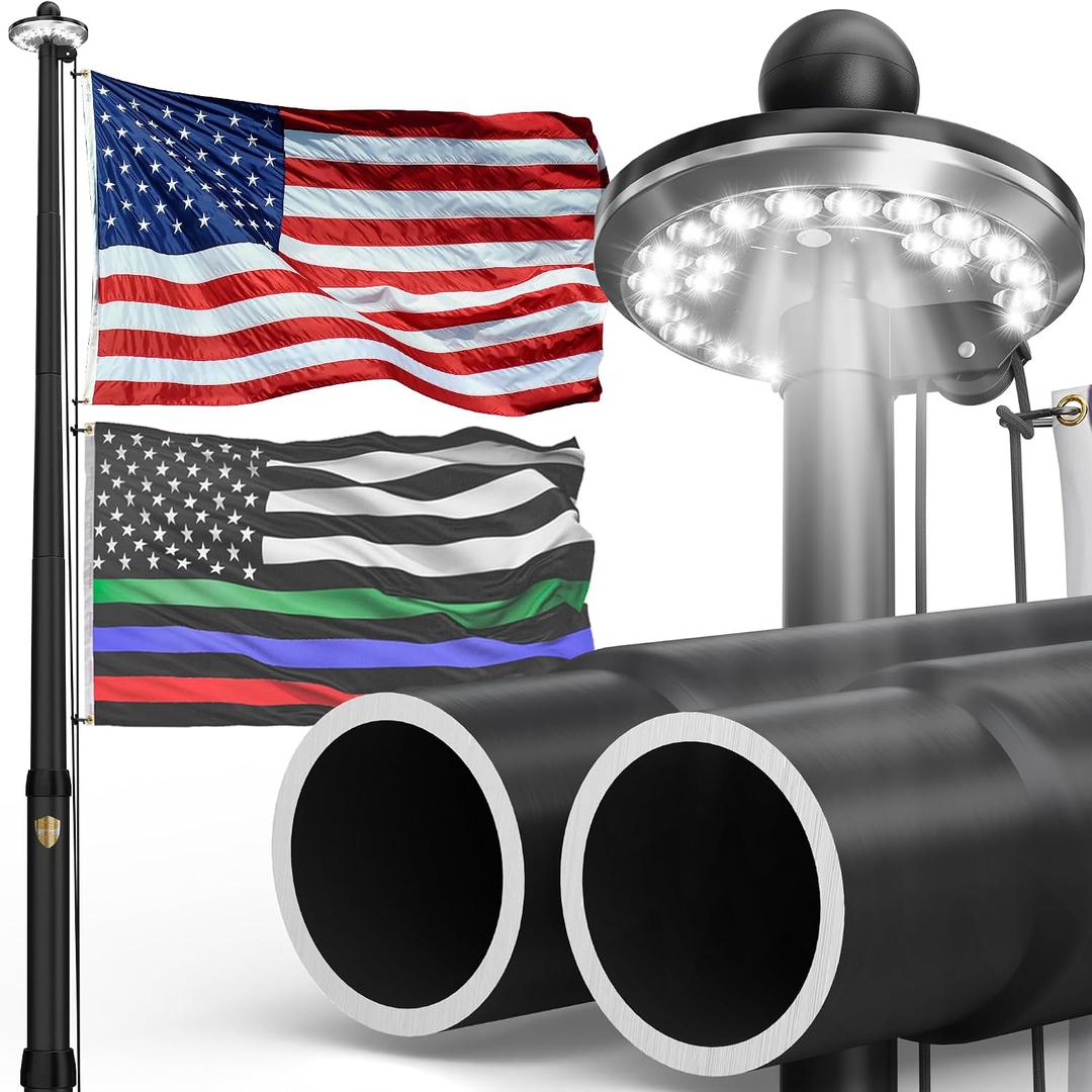 25FT Heavy Duty Flag Pole for Outside House,Black Aluminum 2.68" Bottom Tube Flag Pole with Solar Light,In Ground Flagpole for Yard,Commercial,Outdoor,100MPH Wind Tested