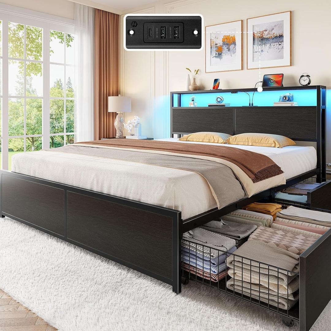 Rolanstar Queen Bed Frame with 4 Storage Drawers, Charging Station and LED Lights, Metal Platform Bed with 2-Tier Storage Headboard, No Box Spring Needed, Easy Assembly, Noise-Free, Black, 86.3"L x 60"W x 41.3"H