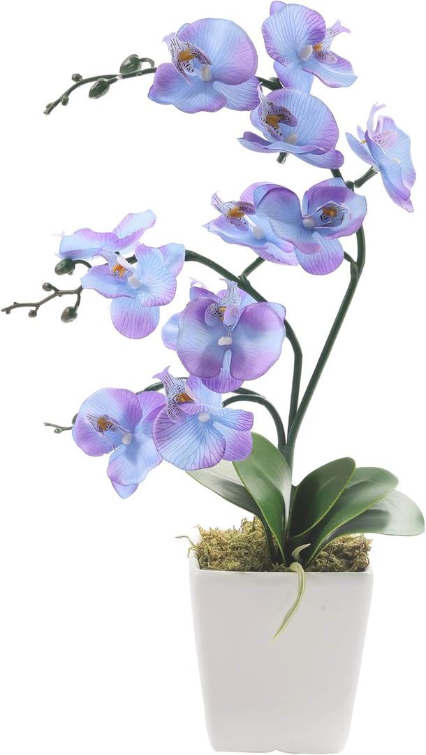 15" Tall Artificial Silk Phalaenopsis Orchid Flower Plant Pot Arrangements (Purple Blue)